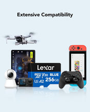 Load image into Gallery viewer, Lexar 256GB Blue Micro SD Card Up to 160MB/s, microSDXC UHS-I Memory Card with SD Adapter, C10, U3, A2, V30, Full HD, 4K UHD, High Speed TF Card
