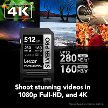 Load image into Gallery viewer, Lexar 512GB Professional SILVER PRO SDXC Memory Card, UHS-II, C10, U3, V60, Full-HD & 4K Video, Up To 280MB/s Read, for Professional Photographer, Videographer, Enthusiast (LSDSIPR512G-BNNNG)