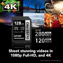 Load image into Gallery viewer, Lexar Professional 128GB Silver PRO SDXC UHS-II Memory Card, C10, U3, V60, Full-HD & 4K Video, Up to 280MB/s Read, for Professional Photographer, Videographer, Enthusiast (LSDSIPR128G-BNNNG)