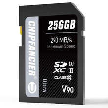 Load image into Gallery viewer, CHIPFANCIER 256GB V90 SD Card SDXC UHS-II V90 Memory Card R290MB/s W290MB/s C10 U3 V90 Full-HD & 8K Video for Professional Photographers & Content Creators DSLR Mirrorless Cameras Black