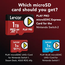 Load image into Gallery viewer, Lexar 512GB Play PRO microSDXC Express Card, UHS-I, C10, U3, V30, A2, Full-HD, 4K Video, up to 900MB/s Read, for Nintendo-Switch 2, ASUS ROG Ally, Steam Deck, Gaming Devices (LMSXPS0512G-BNNNG)