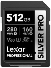 Load image into Gallery viewer, Lexar 512GB Professional SILVER PRO SDXC Memory Card, UHS-II, C10, U3, V60, Full-HD & 4K Video, Up To 280MB/s Read, for Professional Photographer, Videographer, Enthusiast (LSDSIPR512G-BNNNG)