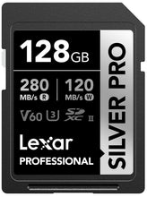 Load image into Gallery viewer, Lexar Professional 128GB Silver PRO SDXC UHS-II Memory Card, C10, U3, V60, Full-HD & 4K Video, Up to 280MB/s Read, for Professional Photographer, Videographer, Enthusiast (LSDSIPR128G-BNNNG)