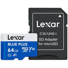 Load image into Gallery viewer, Lexar Blue Plus 64GB MicroSD Memory Card UHS-I with SD adapter, up to 100MB/s read C10 / A1 / U1 / V10 microSDHC
