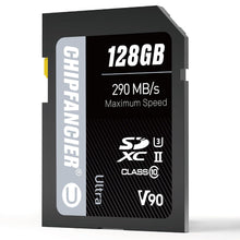 Load image into Gallery viewer, CHIPFANCIER 128GB V90 SD Card SDXC UHS-II V90 Memory Card R290MB/s W290MB/s C10 U3 V90 Full-HD &amp; 8K Video for Professional Photographers &amp; Content Creators DSLR Mirrorless Cameras Black
