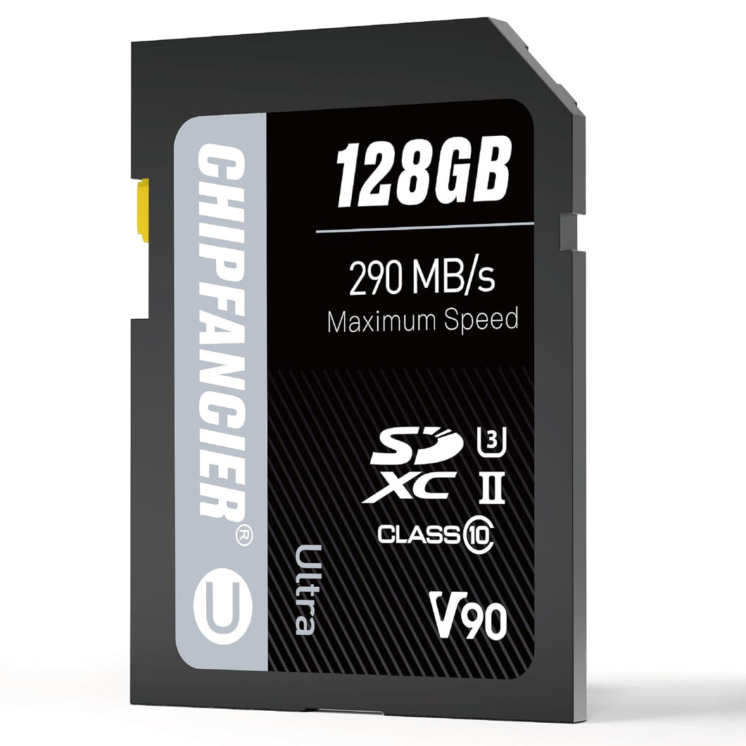 CHIPFANCIER 128GB V90 SD Card SDXC UHS-II V90 Memory Card R290MB/s W290MB/s C10 U3 V90 Full-HD & 8K Video for Professional Photographers & Content Creators DSLR Mirrorless Cameras Black