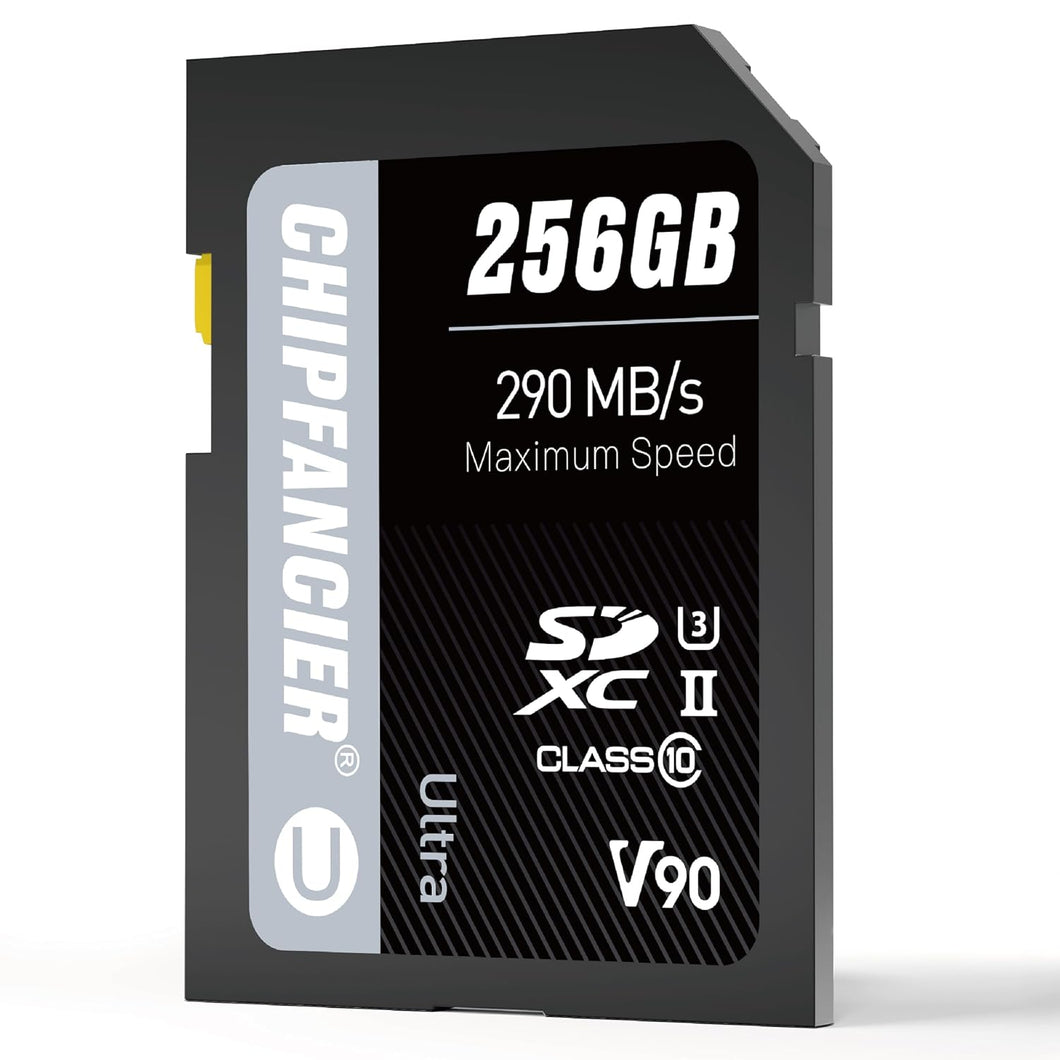 CHIPFANCIER 256GB V90 SD Card SDXC UHS-II V90 Memory Card R290MB/s W290MB/s C10 U3 V90 Full-HD & 8K Video for Professional Photographers & Content Creators DSLR Mirrorless Cameras Black
