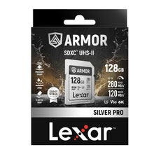 Load image into Gallery viewer, Lexar Armor Silver PRO SD Card 128GB UHS-II SD Memory Card Stainless Steel C10 U3 V60 6K UHD Video Up to 280MB/s Read 120MB/s Write SDXC Card for DSLR/Camera/Photographer/Videographer
