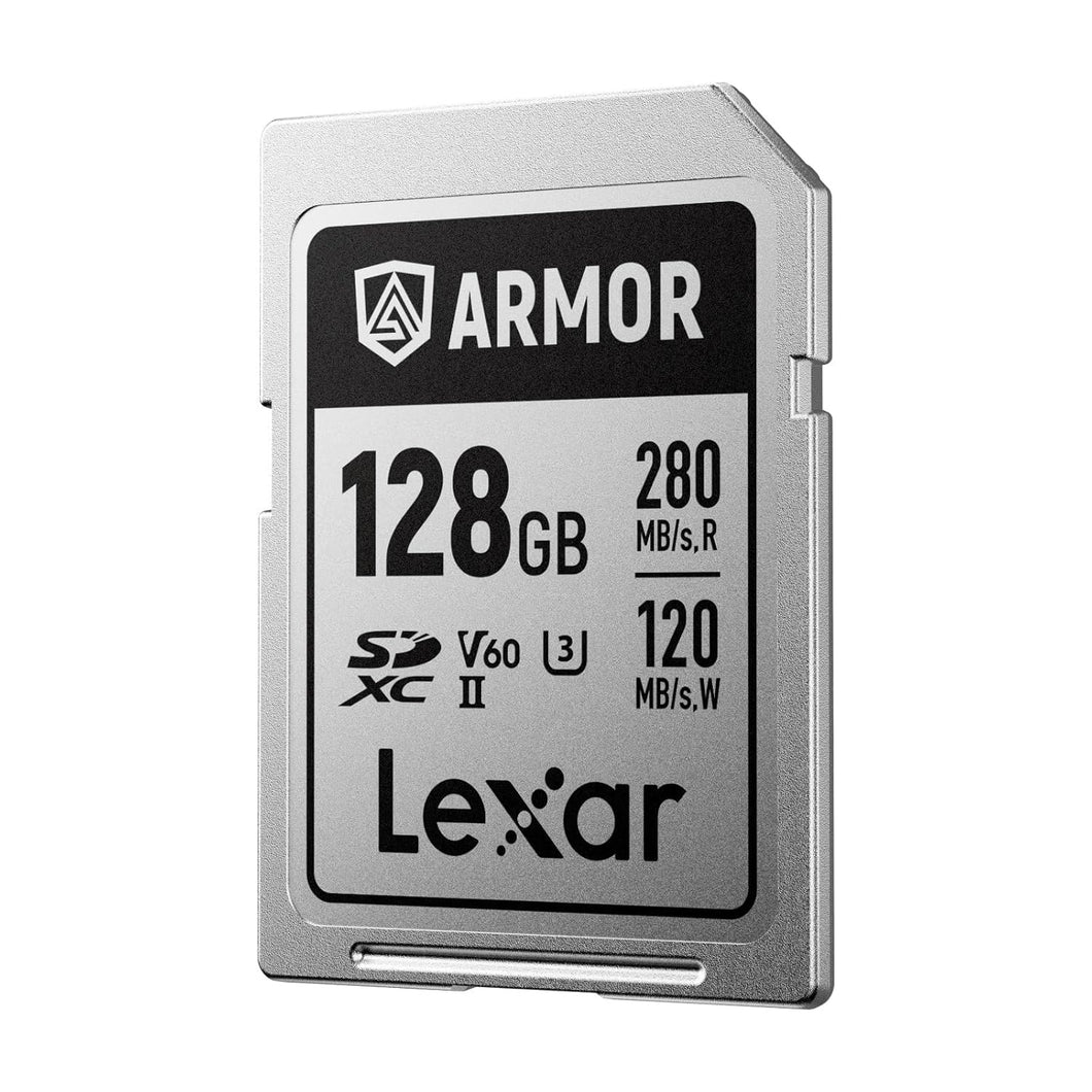 Lexar Armor Silver PRO SD Card 128GB UHS-II SD Memory Card Stainless Steel C10 U3 V60 6K UHD Video Up to 280MB/s Read 120MB/s Write SDXC Card for DSLR/Camera/Photographer/Videographer