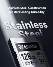 Load image into Gallery viewer, Lexar Armor Silver PRO SD Card 128GB UHS-II SD Memory Card Stainless Steel C10 U3 V60 6K UHD Video Up to 280MB/s Read 120MB/s Write SDXC Card for DSLR/Camera/Photographer/Videographer
